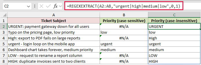 =REGEXEXTRACT(A2:A8,"urgent|high|medium|low",0,1) in C2