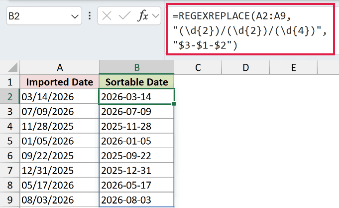 =REGEXREPLACE(A2:A9,"(\d{2})/(\d{2})/(\d{4})","$3-$1-$2") in B2