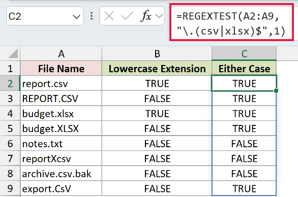 =REGEXTEST(A2:A9,"\.(csv|xlsx)$",1) in C2