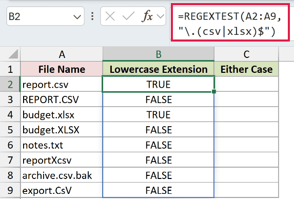 =REGEXTEST(A2:A9,"\.(csv|xlsx)$") in B2