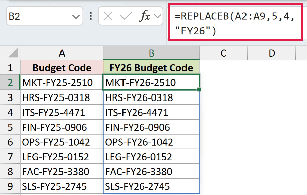 =REPLACEB(A2:A9,5,4,"FY26") in B2
