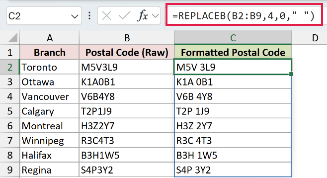 =REPLACEB(B2:B9,4,0," ") in C2