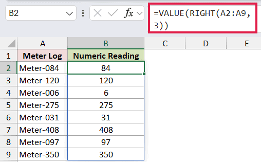=VALUE(RIGHT(A2:A9,3)) in B2