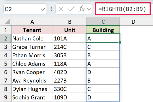 =RIGHTB(B2:B9) in C2