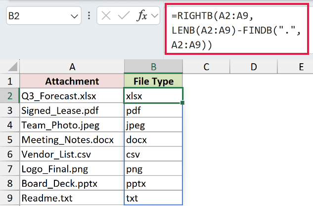 =RIGHTB(A2:A9,LENB(A2:A9)-FINDB(".",A2:A9)) in B2