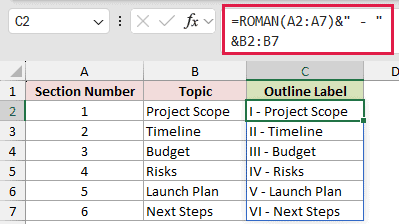 =ROMAN(A2:A7)&" - "&B2:B7 in C2