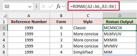 =ROMAN(A2:A6,B2:B6) in D2
