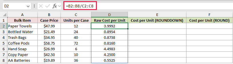 =B2:B8/C2:C8 in D2