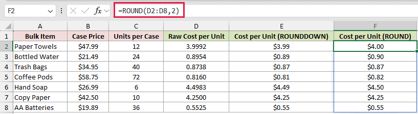 =ROUND(D2:D8,2) in F2