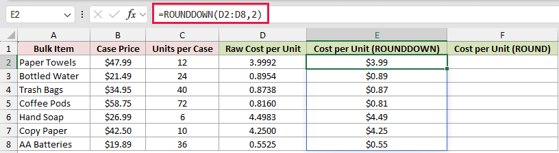 =ROUNDDOWN(D2:D8,2) in E2