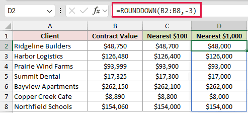 =ROUNDDOWN(B2:B8,-3) in D2