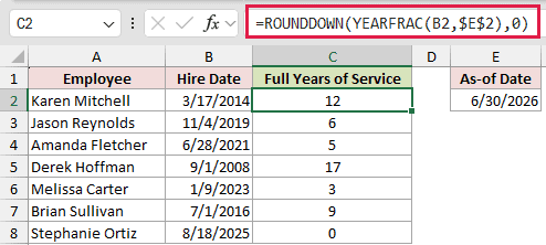 =ROUNDDOWN(YEARFRAC(B2,$E$2),0) in C2
