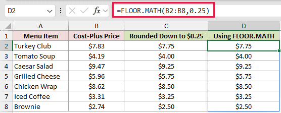=FLOOR.MATH(B2:B8,0.25) in D2