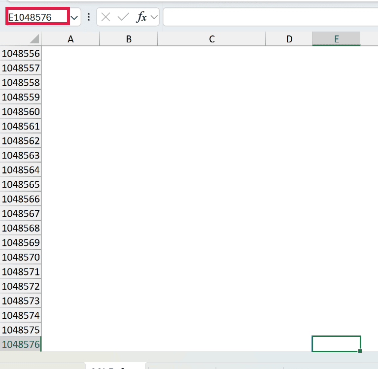 The very bottom of the worksheet with cell E1048576 selected, the last row Excel allows
