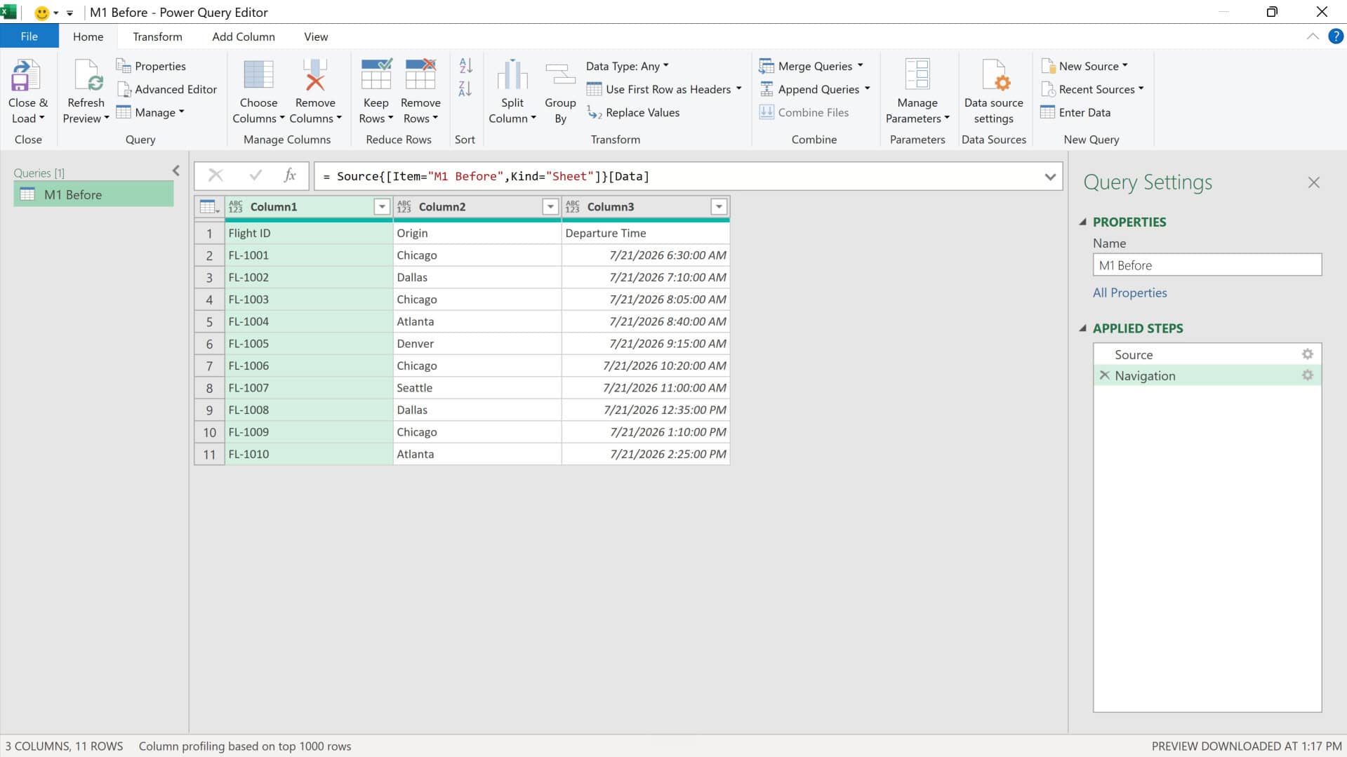 The Power Query Editor previewing the source data before anything is loaded to a worksheet