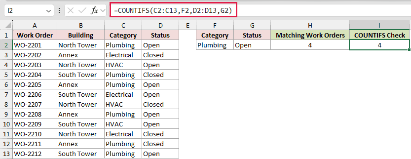 =COUNTIFS(C2:C13,F2,D2:D13,G2) in I2