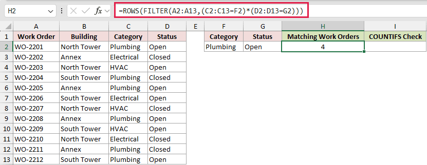 =ROWS(FILTER(A2:A13,(C2:C13=F2)*(D2:D13=G2))) in H2
