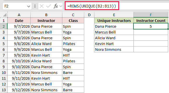 =ROWS(UNIQUE(B2:B13)) in F2