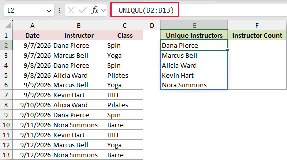 =UNIQUE(B2:B13) in E2
