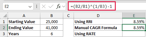 =(B2/B1)^(1/B3)-1 in E2