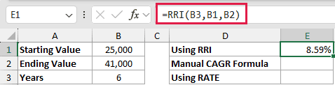 =RRI(B3,B1,B2) in E1