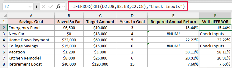 =IFERROR(RRI(D2:D8,B2:B8,C2:C8),"Check inputs") in F2