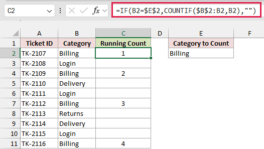 IF and COUNTIF formula numbering only the Billing tickets