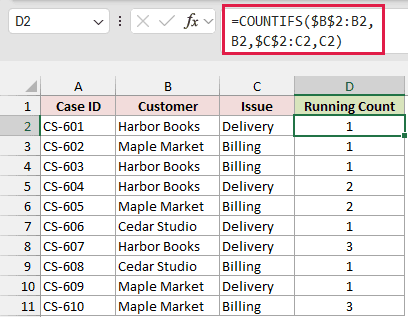 COUNTIFS formula counting each customer and issue pair