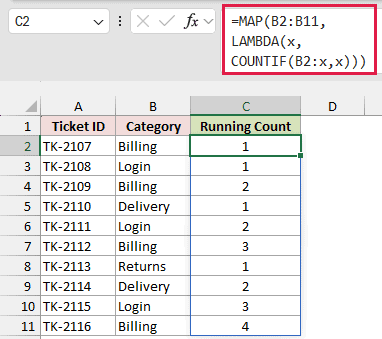 MAP and LAMBDA formula spilling a running count down the column