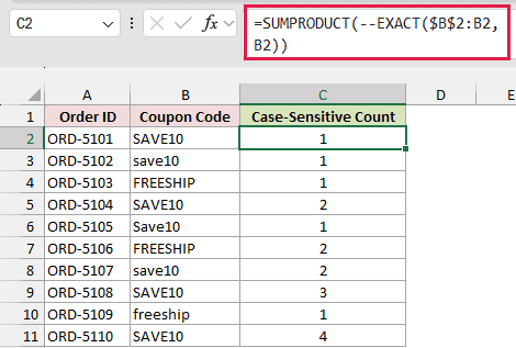 SUMPRODUCT and EXACT formula giving a case-sensitive running count