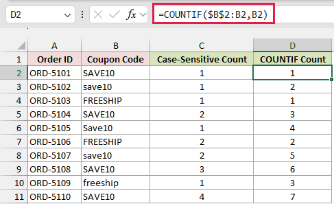 Case-sensitive count next to the COUNTIF count that ignores case