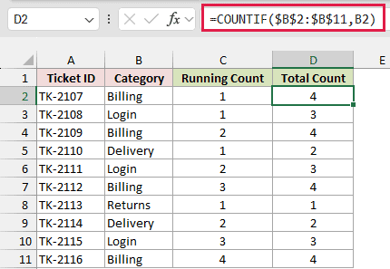 Total count formula next to the running count