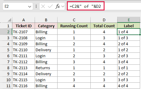 Formula creating 2 of 4 style labels from the running and total counts