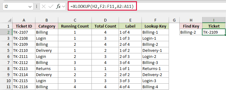 XLOOKUP returning the ticket for the second Billing occurrence