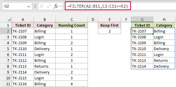 FILTER formula keeping the first two tickets of each category