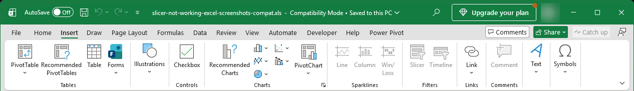 Title bar showing Compatibility Mode with the Slicer button greyed out on the Insert tab