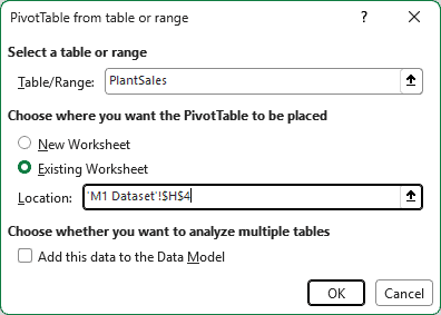 Create PivotTable dialog with Existing Worksheet and location H4
