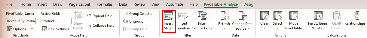 Insert Slicer on the PivotTable Analyze tab