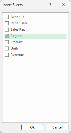 Insert Slicers dialog with Region checked