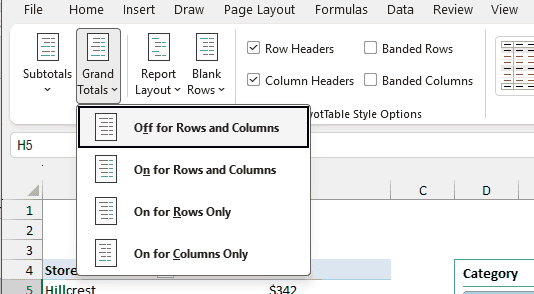 Grand Totals menu with Off for Rows and Columns