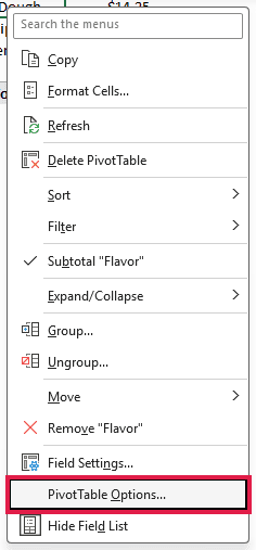 Right-click menu on the PivotTable with PivotTable Options highlighted