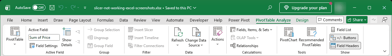 Insert Slicer greyed out on the PivotTable Analyze tab for an old PivotTable