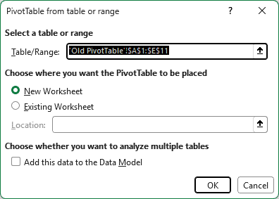 Create PivotTable dialog for the grooming data