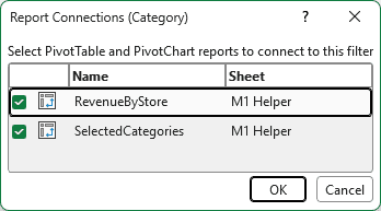 Report Connections dialog with the helper PivotTable checked