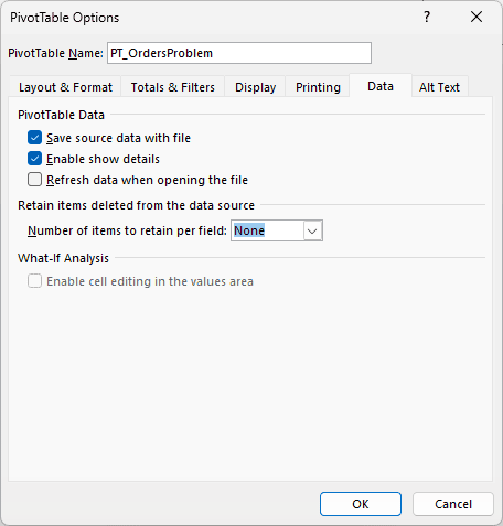 PivotTable Options Data tab with Number of items to retain per field set to None