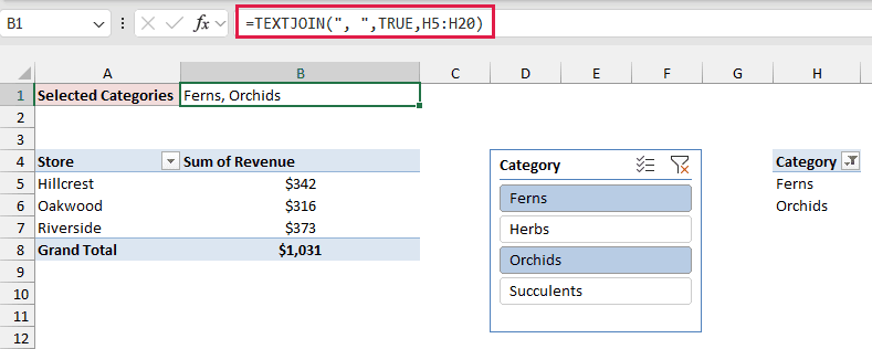 TEXTJOIN formula in B1 returning Ferns, Orchids