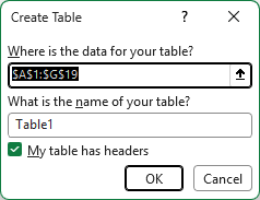 Create Table dialog with My table has headers checked