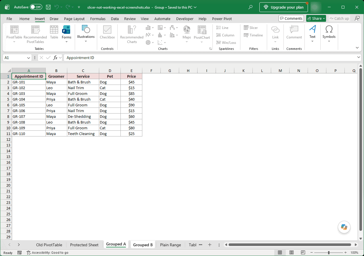 Title bar showing Group after selecting two sheet tabs