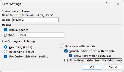 Slicer Settings with Show items deleted from the data source unchecked