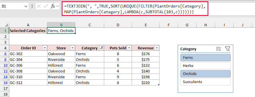 MAP, SUBTOTAL, and FILTER formula in B1 returning Ferns, Orchids